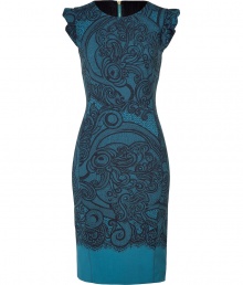 Lovely, elegant dress in fine wool blend - Features a blue-black lace print design - Feminine body-hugging silhouette with small cap sleeves with ruffles, round neck and comfortable length - Wear during the day with a blazer and flats, or to parties with heels and a clutch Lovely, elegant dress in fine wool blend - Features a blue-black lace print design - Feminine body-hugging silhouette with small cap sleeves with ruffles, round neck and comfortable length - Wear during the day with a blazer and flats, or to parties with heels and a clutch