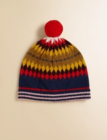Featuring a colorful, geometric intarsia design in toasty lambs wool with a pom-pom.Pull-on styleWoolDry cleanImported