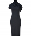 Feminine, figure-flattering dress in pure, fine gauge cashmere - Elegant in dark charcoal with a soft, oversized bow detail at neck - Features short, capped sleeves, high collar and sleek, uniform fit to the knee - Wear to the office with heels or boots, or to a dinner party with favorite peep-toes and a clutch