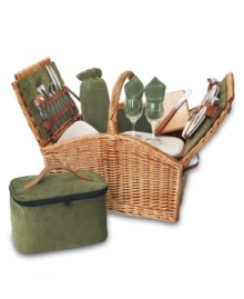 Open up a whole new world of outdoor dining with the Somerset picnic basket. An English design in all-nautral willow featuring leather straps, sage-green corduroy and complete service for two turns every picnic into an extra-special occasion. Open up a whole new world of outdoor dining with the Somerset picnic basket. An English design in all-nautral willow featuring leather straps, sage-green corduroy and complete service for two turns every picnic into an extra-special occasion.