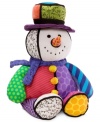 The classic snowman, iconic of the holiday season, comes to life with a fancy top hat and bold colors in this cuddly plush toy. From acclaimed Brazilian artist Romero Britton.