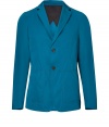 Exquisitely tailored with a flawless slim fit, Jil Sanders ocean blue blazer guarantees to give your look a seamlessly sophisticated edge - Notched lapel, long sleeves, buttoned cuffs, double-buttoned front, flap pockets, back vent - Contemporary slim fit - Wear with an immaculately cut shirt and matching slim fit trousers