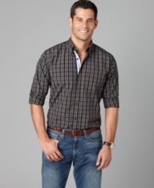 Crafted in a crisp, clean plaid, this lightweight shirt from Tommy Hilfiger will easily become a casual must-have. Crafted in a crisp, clean plaid, this lightweight shirt from Tommy Hilfiger will easily become a casual must-have.