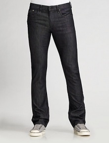 Saturated, dark-wash denim is designed with a slim fit through the waist and relaxed, straight legs. Five-pocket style Zip fly Inseam, 33/34 Cotton/elastene; machine wash Imported Saturated, dark-wash denim is designed with a slim fit through the waist and relaxed, straight legs. Five-pocket style Zip fly Inseam, 33/34 Cotton/elastene; machine wash Imported