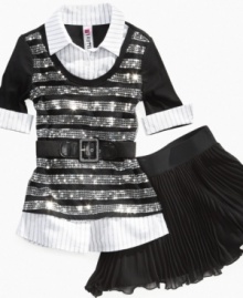 Stunner. With shimmery sequins, layered details at the collar, cuffs and hem, and finished with a cute accessory belt, she'll catch everyone's eyes. Stunner. With shimmery sequins, layered details at the collar, cuffs and hem, and finished with a cute accessory belt, she'll catch everyone's eyes.