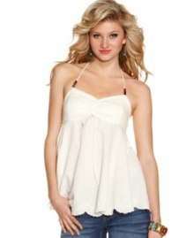 Kick-off the warm weather season with this empire waist halter top from Jessica Simpson -- a sweet interplay of dots and stripes! Kick-off the warm weather season with this empire waist halter top from Jessica Simpson -- a sweet interplay of dots and stripes!