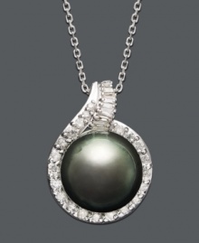 Indulge yourself in a taste of the exotic. An iridescent, cultured Tahitian pearl is enveloped by a halo of sparkling round-cut diamonds (1/2 ct. t.w.). Set in 14k white gold. Approximate length: 18 inches. Approximate drop: 1 inch. Indulge yourself in a taste of the exotic. An iridescent, cultured Tahitian pearl is enveloped by a halo of sparkling round-cut diamonds (1/2 ct. t.w.). Set in 14k white gold. Approximate length: 18 inches. Approximate drop: 1 inch.