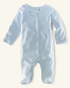 Ralph Lauren Childrenswear solid coverall. An adorable solid long-sleeved footed coverall in soft cotton jersey. Crew neckline, full ring-snap placket, fold-over detail at the cuffs. Ribbed neckline, placket and cuffs. Our signature satin logo patch accents the back neck.