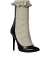 These quirky-chic ankle boots channel antique elegance with a decidedly modern aesthetic - Linen front detail, black leather toe and back, ruffle at shaft, stiletto heel - Wear with a flirty cocktail frock, fishnets, and a fur-trimmed jacket