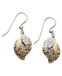 Triple your charm. Jody Coyote's two tone drop earrings feature an intricate textured overlay in a bronze and sterling silver setting. Approximate drop: 1-1/4 inches. Triple your charm. Jody Coyote's two tone drop earrings feature an intricate textured overlay in a bronze and sterling silver setting. Approximate drop: 1-1/4 inches.