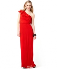 Get starlet style in this beautiful red evening gown by JS Collections, featuring tiers of ruffles at the one-shoulder neckline and a flowing, floor-length silhouette.