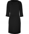 A fun, modern take on the work-ready LBD, this version from Tara Jarmon is versatile and ultra stylish - Bateau neck, three-quarter sleeves, draped bodice, pleating at waistband, slight asymmetric hem - Wear with platform booties and a statement satchel