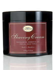 The Art of Shaving Shaving Cream protects the skin from irritation and razor burn. Rich with glycerin, coconut oil and essential oils, the Shaving Cream leaves your skin smooth and moisturized. For optimum results: Prepare your skin with Sandalwood Pre-Shave Oil. Apply Sandalwood Shaving Cream with Shaving Brush to generate a rich warm lather, soften and lift the beard, open pores, bring sufficient water to the skin and gently exfoliate. Soothe, refresh and regenerate the skin after shaving with Sandalwood After-Shave Balm.Sandalwood Essential Oil - Normal to Dry Skin The Art of Shaving Shaving Cream protects the skin from irritation and razor burn. Rich with glycerin, coconut oil and essential oils, the Shaving Cream leaves your skin smooth and moisturized. For optimum results: Prepare your skin with Sandalwood Pre-Shave Oil. Apply Sandalwood Shaving Cream with Shaving Brush to generate a rich warm lather, soften and lift the beard, open pores, bring sufficient water to the skin and gently exfoliate. Soothe, refresh and regenerate the skin after shaving with Sandalwood After-Shave Balm.Sandalwood Essential Oil - Normal to Dry Skin