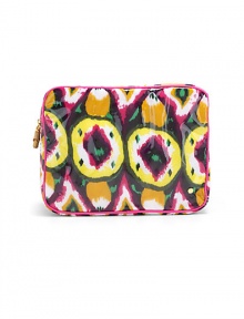 THE LOOKVibrant ikat printed fabric with plastic overlayRectangular block silhouetteTop zip closure with bamboo pullSignature goldtone S studInside logo printTHE MEASUREMENT10¾W X 8H X 3½DTHE MATERIALFabric and plasticFully linedORIGINImported THE LOOKVibrant ikat printed fabric with plastic overlayRectangular block silhouetteTop zip closure with bamboo pullSignature goldtone S studInside logo printTHE MEASUREMENT10¾W X 8H X 3½DTHE MATERIALFabric and plasticFully linedORIGINImported