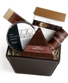 Act as a personal Barista to someone special with this utterly satisfying Coffee Lover gift basket from Torn Ranch. This collection includes one box of espresso shortbread cookies, one milk chocolate cappuccino bar, dark chocolate covered ZoZo espresso beans, one cappuccino chocolate biscotti bar and a box of chocolate truffles, creating an ideal, full-bodied taste experience. Act as a personal Barista to someone special with this utterly satisfying Coffee Lover gift basket from Torn Ranch. This collection includes one box of espresso shortbread cookies, one milk chocolate cappuccino bar, dark chocolate covered ZoZo espresso beans, one cappuccino chocolate biscotti bar and a box of chocolate truffles, creating an ideal, full-bodied taste experience.