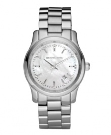 Sophistication fit for everyday, by Michael Kors. Stainless steel bracelet and round case. Silver mother-of-pearl dial features stick indices and crystal accents at markers, logo, silvertone hands and date window. Quartz movement. Water resistant to 100 meters. Two-year limited warranty.