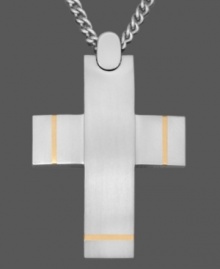 Keep the faith. This symbolic and stylish men's pendant features a cross design set in titanium with 14k gold accents. Approximate length: 24 inches. Approximate drop length: 1-6/10 inches. Approximate drop width: 1-1/4 inches. Keep the faith. This symbolic and stylish men's pendant features a cross design set in titanium with 14k gold accents. Approximate length: 24 inches. Approximate drop length: 1-6/10 inches. Approximate drop width: 1-1/4 inches.