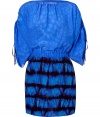 This pure silk dress is lightweight and features refined details - Blue marble-like print, wide, ruched-tie sleeves, sexy feminine draping and a gathered waist - Contrasting skirt falls just above the knee - Pair with platform heels and a clutch for your next night out