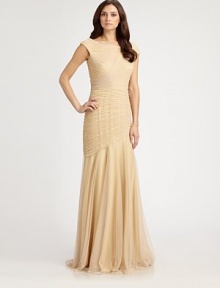 Allover ruching adds rich texture to this floor-length chiffon silhouette.Jewel necklineCap sleevesRuched bodyTrumpet skirtConcealed back zipFully linedAbout 50 from natural waist85% nylon/15% metallicDry cleanImportedModel shown is 5'11 (180cm) wearing US size 4.OUR FIT MODEL RECOMMENDS ordering true size. Allover ruching adds rich texture to this floor-length chiffon silhouette.Jewel necklineCap sleevesRuched bodyTrumpet skirtConcealed back zipFully linedAbout 50 from natural waist85% nylon/15% metallicDry cleanImportedModel shown is 5'11 (180cm) wearing US size 4.OUR FIT MODEL RECOMMENDS ordering true size.