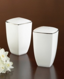 With lightweight construction in fine bone china, a softly squared design and platinum edging, the Mikasa Couture Platinum salt & pepper set offers a new take on sophisticated modern dining.