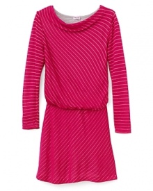 Tonal pinstripe dress with a slouchy scoop neck, gathered waist and long sleeves. Tonal pinstripe dress with a slouchy scoop neck, gathered waist and long sleeves.