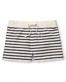 Plush, absorbent shorts by Juicy, of course. Striped for a classically nautical look and a perfect pair with its matching hoodie counterpart. Plush, absorbent shorts by Juicy, of course. Striped for a classically nautical look and a perfect pair with its matching hoodie counterpart.
