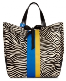 Give your look an exotic edge with this trend-right tote from Juicy Couture. Ultra-spacious and outfitted with bold stripes and cool colorblock details, it's the perfect day bag for work or weekends. Give your look an exotic edge with this trend-right tote from Juicy Couture. Ultra-spacious and outfitted with bold stripes and cool colorblock details, it's the perfect day bag for work or weekends.