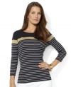 Elegant Lauren-embossed buttons adorn the shoulders of Lauren Ralph Lauren's lightweight cotton tee accented with eyecatching stripes and metallic sheen.