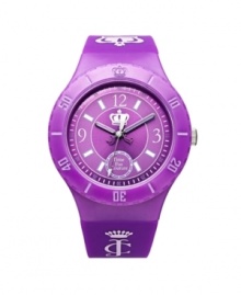 Cause a scene in this bold Taylor watch by Juicy Couture. Crafted of purple synthetic jelly bracelet with printed logo and round plastic case with lavender numerals and crown logo at bezel. Purple dial features numerals, minute track, Watch Your Couture at six o'clock, crown logo at center and three luminous hands. Quartz movement. Water resistant to 30 meters. Two-year limited warranty.