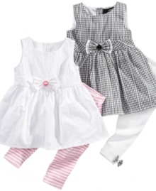 Set her up in style with one of these sweet sleeveless dress and legging outfits from Nicole Miller. Set her up in style with one of these sweet sleeveless dress and legging outfits from Nicole Miller.