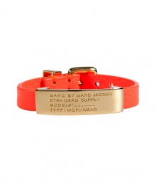 Inject an edge of attitude into your look with Marc by Marc Jacobs bright orange leather ID bracelet - Buckled leather band and gold-toned brass logo engraved ID plate - Wear alone, or stacked up high with colorful bangles Inject an edge of attitude into your look with Marc by Marc Jacobs bright orange leather ID bracelet - Buckled leather band and gold-toned brass logo engraved ID plate - Wear alone, or stacked up high with colorful bangles