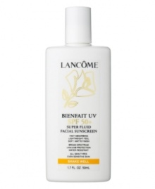 Introducing Bienfait UV SPF 50+ Super Fluid Facial Sunscreen For All Skin Types Perfect UV shield to wear every day over your Lancôme moisturizer, under makeup or alone for fun in the sun. Lightweight, oil-free, non-comedogenic sunscreen offers broad spectrum, SPF 50+, UVA/UVB protection. High SPF gives skin more protection from UVB rays that cause sunburn and UVA rays that contribute to skin damage and premature skin aging. Retains SPF after 40 minutes of activity in the water or perspiring. Glides on smoothly; leaves skin with a soft matte finish. Introducing Bienfait UV SPF 50+ Super Fluid Facial Sunscreen For All Skin Types Perfect UV shield to wear every day over your Lancôme moisturizer, under makeup or alone for fun in the sun. Lightweight, oil-free, non-comedogenic sunscreen offers broad spectrum, SPF 50+, UVA/UVB protection. High SPF gives skin more protection from UVB rays that cause sunburn and UVA rays that contribute to skin damage and premature skin aging. Retains SPF after 40 minutes of activity in the water or perspiring. Glides on smoothly; leaves skin with a soft matte finish.