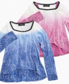 Dyed prints brighten her fall look with this asymmetrical hemmed long-sleeved tees from Jessica Simpson. (Clearance) Dyed prints brighten her fall look with this asymmetrical hemmed long-sleeved tees from Jessica Simpson. (Clearance)