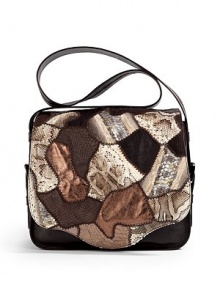 THE LOOKSquare shapeLong, leather crossbody strap with embroidery and side bucklesMulticolor python and leather patchworkFlap closureOne inside zip pocketInside metal logoTHE MATERIALPythonSuede liningTHE MEASUREMENTRemovable, adjustable crossbody strap, 18-22 drop14W X 10½H X 4DORIGINMade in Italy