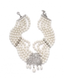 Dignified and dramatic. Lauren by Ralph Lauren's eye-catching collar necklace features five rows of shimmering glass pearls highlighting a glass-accented ornamental brooch. Set in silver tone mixed metal. Approximate length: 12-1/2 inches. Approximate drop: 3/4 inch.