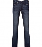Stylish, straight leg jeans from LA lux denim brand, Seven for all Mankind - Classic five-pocket design features signature stitching at back pockets - Dark wash with thoughtful worn creasing - Essential jeans for day or night - Pair with cashmere sweater and a blazer, or with favorite tees and sandals