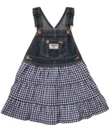 Denim and plaid make a darling pair in this sweet overall dress from Osh Kosh. Denim and plaid make a darling pair in this sweet overall dress from Osh Kosh.