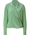 Luxurious, long-sleeved top in pistachio-colored washed silk - Elegant and flattering with wrap-look front, small collar and feminine draping - Favorite top for the office or evenings out with a pencil skirt, dress pants, and heels, or with a leather mini skirt for after-hours fun