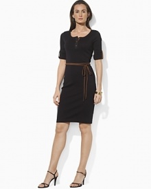 Lending feminine style to a classic Henley design, this chic roll-sleeved dress is rendered in mid-weight, fine-ribbed cotton with supple faux-suede accents. Lending feminine style to a classic Henley design, this chic roll-sleeved dress is rendered in mid-weight, fine-ribbed cotton with supple faux-suede accents.