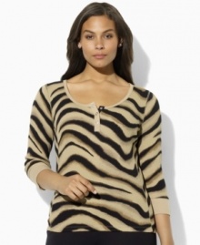 Lauren Ralph Lauren's classic waffle-knit cotton Henley channels modern style with chic three-quarter sleeves and an exotic zebra print.