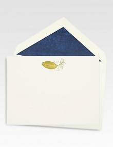 A hand-engraved, gold metallic feather motif adorns these luxe 2-ply vellum stock notecards, which are accompanied by tissue-lined envelopes.Set of 10About 4 X 5.5Hand-engravedMade in USA A hand-engraved, gold metallic feather motif adorns these luxe 2-ply vellum stock notecards, which are accompanied by tissue-lined envelopes.Set of 10About 4 X 5.5Hand-engravedMade in USA