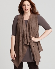 This Eileen Fisher vest flaunts a draped neckline and open weave knit for textured, luxurious layering.