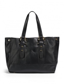 THE LOOKLeather shoulder strapsGoldtone screw head accentsCenter tab with magnetic snap closureProtective metal feetOne inside zip pocketTwo inside open pocketsInside logo detailTHE MEASUREMENTShoulder strap, 9½ drop15½W X 12½H X 6½DTHE MATERIALLeatherFully linedORIGINImported