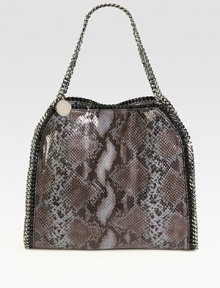 Whip stitched link chains accent this faux python print style.Double chain shoulder straps, 8 dropMagnetic snap closureOne inside zip pocketFully lined14W X 13H X 3DMade in Italy Whip stitched link chains accent this faux python print style.Double chain shoulder straps, 8 dropMagnetic snap closureOne inside zip pocketFully lined14W X 13H X 3DMade in Italy