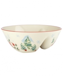 A holly motif drawn from the classic Holiday dinnerware pattern combined with colorful new depictions of the Christmas season makes this divided bowl by Lenox a festive addition to any table, as well as a beautiful gift. A holly motif drawn from the classic Holiday dinnerware pattern combined with colorful new depictions of the Christmas season makes this divided bowl by Lenox a festive addition to any table, as well as a beautiful gift.