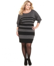 Shine in one of the season's hottest trends with DKNY Jeans' plus size sweater dress, featuring a striped metallic finish.