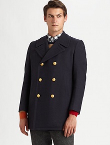 A signature winter peacoat featuring a double-breasted button closure and side slash pockets, rendered in a luxurious blend of wool and cotton for guaranteed warmth and comfort.Button-frontDouble-breastedSide slash pocketsRear ventFully linedAbout 31 from shoulder to hem56% virgin wool/44% cottonDry cleanMade in Italy A signature winter peacoat featuring a double-breasted button closure and side slash pockets, rendered in a luxurious blend of wool and cotton for guaranteed warmth and comfort.Button-frontDouble-breastedSide slash pocketsRear ventFully linedAbout 31 from shoulder to hem56% virgin wool/44% cottonDry cleanMade in Italy