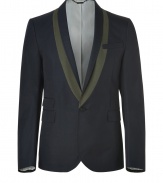 Lend a high-style finish to your tailored look with McQ Alexander McQueens two-tone tuxedo blazer - Shawl collar, long sleeves, buttoned front, flap pockets, slit chest pocket, back vent - Tailored fit - Wear with a button-down, slim fit trousers and slipper-style loafers