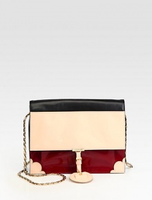 An instantly chic flap-top design of polished patent and paneled Saffiano leather, finished with a goldtone chain strap. Chain shoulder strap, 21 dropMagnetic flap closureTwo outside open pockets under flapOne inside zip pocketThree inside open pocketsFully lined9¾W X 8H X 2½DMade in Italy An instantly chic flap-top design of polished patent and paneled Saffiano leather, finished with a goldtone chain strap. Chain shoulder strap, 21 dropMagnetic flap closureTwo outside open pockets under flapOne inside zip pocketThree inside open pocketsFully lined9¾W X 8H X 2½DMade in Italy