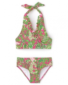 This Lilly Pulitzer bikini celebrates the sunshine with a frilly ruffle trimmed halter and stay-put bottoms in a classic Lilly print. This Lilly Pulitzer bikini celebrates the sunshine with a frilly ruffle trimmed halter and stay-put bottoms in a classic Lilly print.